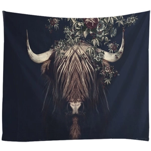 Detailed highland cow wall tapestry with floral headpiece and vintage rose accents