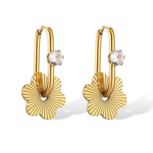 Minimalist gold titanium flower earrings with U-shape design and sparkling zircon stones