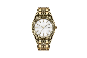 Detail view of golden engraved metal watch strap with white checkered dial and calendar