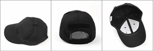 Detailed views of black tactical baseball cap with velcro patches and adjustable strap