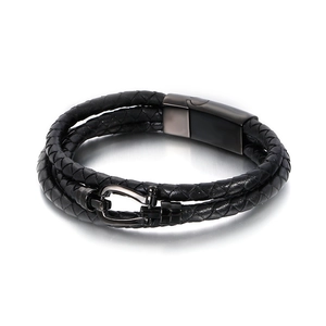 Mens vintage woven black leather bracelet with magnetic horseshoe stainless steel clasp