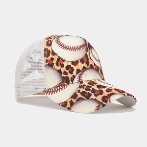 Detail of leopard print trucker hat featuring mesh back and realistic baseball pattern