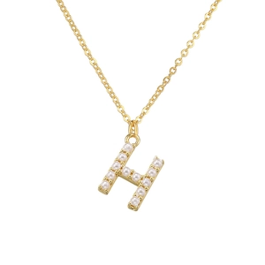 Close-up of gold-plated H-letter pendant necklace inlaid with white faux pearls