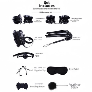 Detailed overview of a 9-piece black lace and leather adult bondage set with varied textures