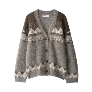 Women Fair Isle Geometric Jacquard Knit Cardigan V Neck Button Down Loose Fuzzy Mohair Like Long Sleeve Retro Sweater