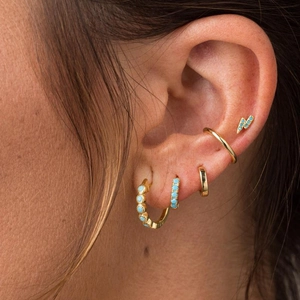 Detailed view of S925 silver turquoise earrings with gold finish on a model's ear