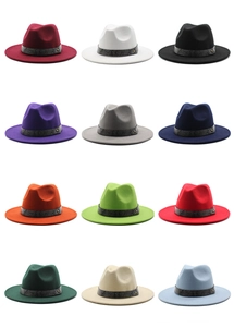 Grid view of twelve colorful wool fedora hats featuring snake print bands and gold studs