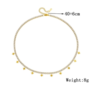 Gold-plated stainless steel star charm tennis necklace with clear rhinestones for women