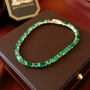 Emerald Green Zircon Tennis Bracelet Gold Plated Copper Geometric Rectangle Round Stones Elegant Jewelry For Women