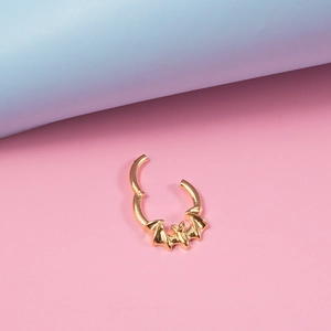 Gold stainless steel bat nose ring with a 16g four-layer stacked hinged hoop design
