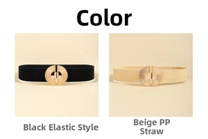 Comparison of black elastic belt and beige straw belt with gold round buckles
