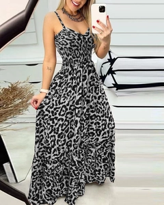 Maxikleid mit Leopardenmuster, Spaghettiträgern und geraffter hoher Taille