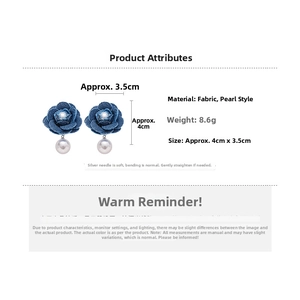 Detailed size and weight specs for blue denim rose flower earrings with pearl pendant