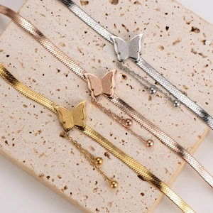 Butterfly pendant blade chain bracelets in gold, rose gold, and silver stainless steel