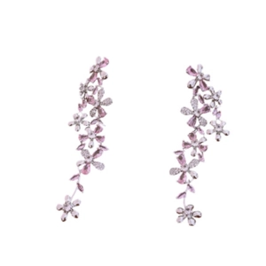 Elegant silver tassel earrings with pink zirconia flowers in a tiered drop design