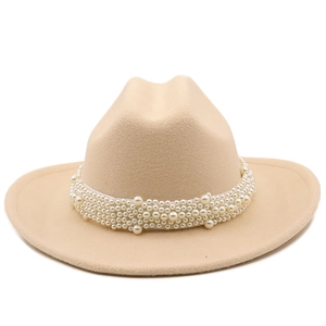 Detailed close-up of beige wool fedora hat featuring elegant white pearl band decoration