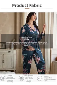 Detail of silk satin fabric properties and care instructions for dark green floral pajama set