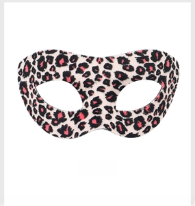 Detailed view of plush leopard print eye mask with soft leopard spots for Halloween costume