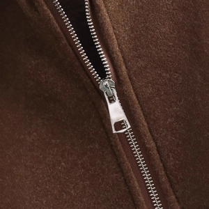 Deep brown woolen sports jacket with a standing collar and premium silver metal zipper