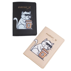 Cute cat print passport holder in black and beige PU leather for travel documents