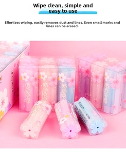 Detail of pink and blue cherry blossom petal-shaped erasers in creative packaging