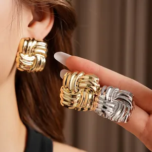 Fashionable metallic square woven stud earrings in gold and silver finish for women