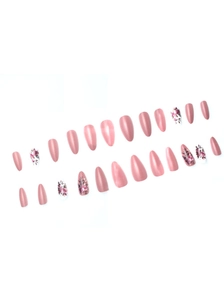 Detailed set of 24 almond-shaped press-on nails with pink rose floral art patterns