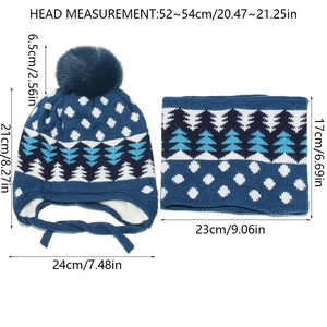 Detail showing knit pattern and sizing dimensions of kids navy blue winter set
