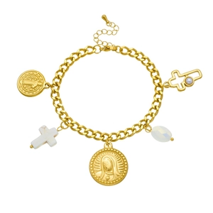 Detailed view of a gold chain bracelet with pearl cross and religious coin pendants