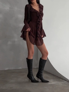 Deep brown V-neck ruffle mini dress with layered mesh sleeves and slim fit silhouette