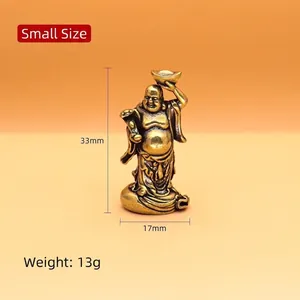 Miniature vintage copper Maitreya Buddha statue holding gold ingot, 33mm height