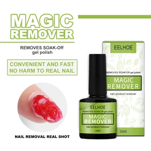 Λεπτομέρεια EELHOE magic gel polish remover μπουκάλι και κουτί με εφέ νυχιών.