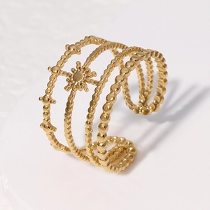 Retro golden titanium steel open ring with multi-layer bead texture and sunburst design