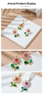 Close-up detail of flower pendant and earrings set with pink and green zircons
