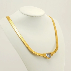 Heart Pendant Necklace Stainless Steel 18K Gold Plated Zircon Herringbone Chain Fashion Jewelry For Women