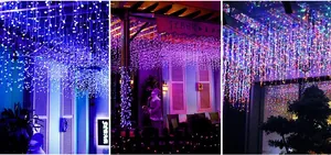 Close-up of LED icicle waterfall lights in blue, white and pink for outdoor holiday decor