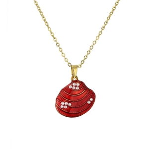 Collar dorado estilo marino con colgante de concha de esmalte rojo y perlas blancas