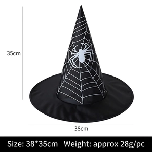 Black Halloween witch hat with spider web patterns and dimensions 38x35cm on white background