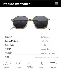 Detailed size chart for metal double bridge sunglasses showing frame and lens dimensions
