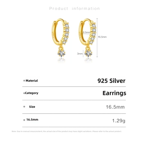 Detailed size specifications for gold S925 sterling silver star drop earrings