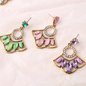 Bohemian fan-shaped pendant earrings with colorful gemstones in vintage bronze finish