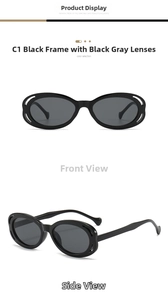 Close-up of black oval sunglasses featuring unique hollow-out frame design and dark grey lenses