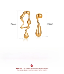 Detailed view of golden irregular fluid earrings with size specs and alloy material info