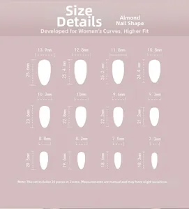 Size chart for 12 sizes of almond press-on nails with measurements in millimeters