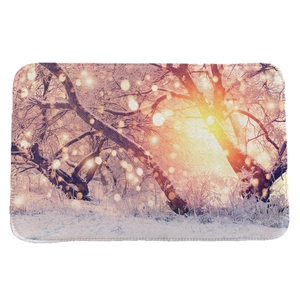 Absorbent flannel snow forest landscape door mat with warm bokeh effect for home bathroom