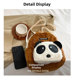 Close-up of a plush panda backpack with high-quality brown faux fur and fashion label