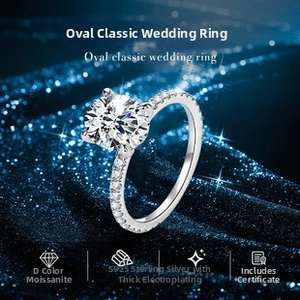 Macro detail of S925 sterling silver wedding ring featuring oval D-color moissanite stones