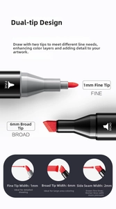 Dual-tip marker detail showing the 1mm fine tip and 6mm broad tip with red ink strokes