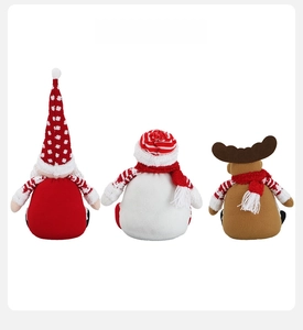 Rear view of Christmas plush gnome, snowman, and reindeer toys with striped scarves