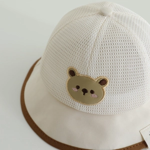 Breathable baby sun hat with mesh top and cute embroidered bear patch for summer protection